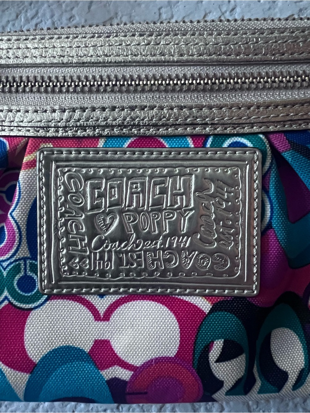 Coach Pop of Mini Poppy Multicolor Logo Wristlet Metallic Gold Trim - Picture 2 of 14